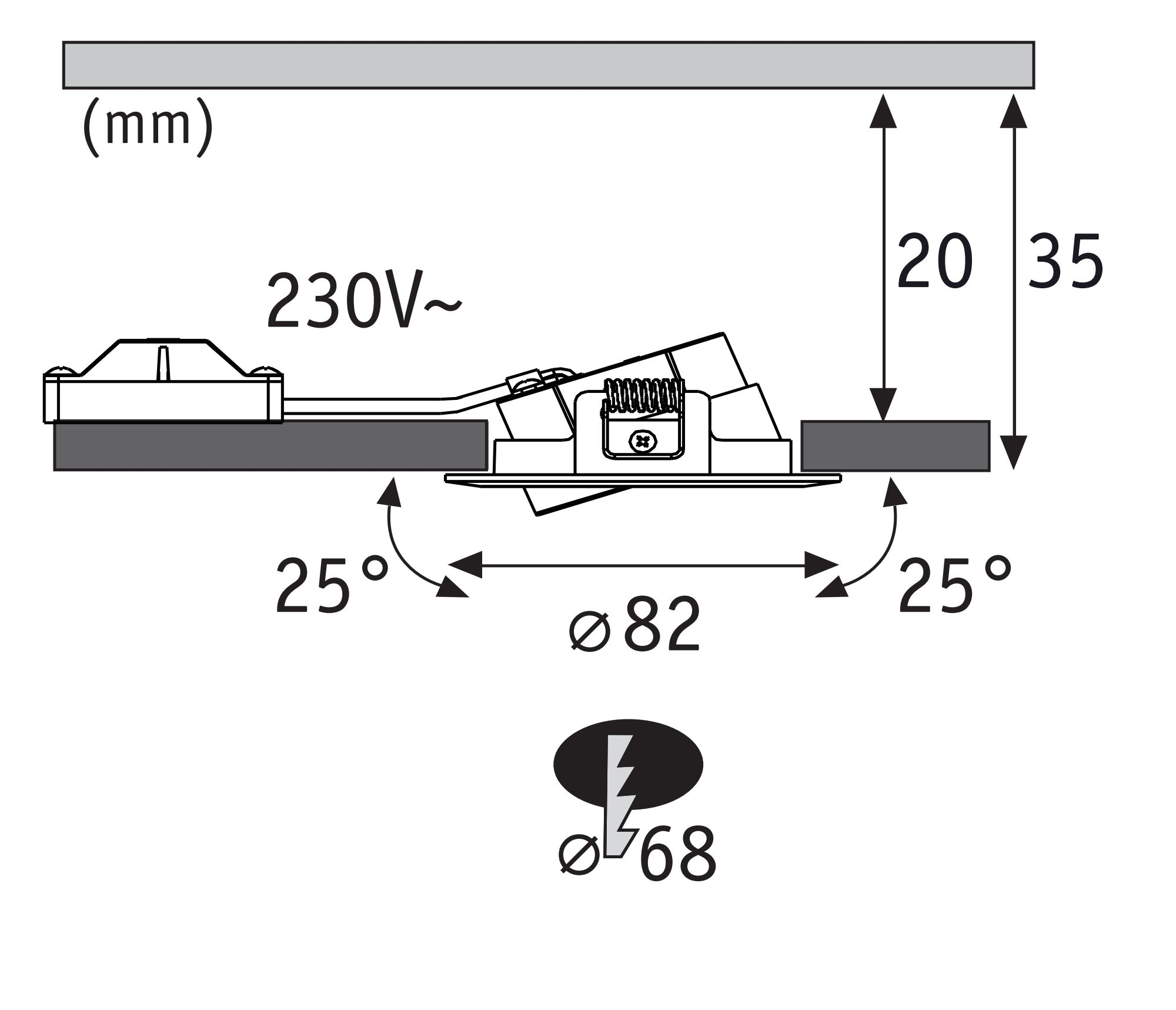 Rysunek techniczny pokazuje wymiary i kąty urządzenia. 230V, 25 stopni, 82mm, 68mm.