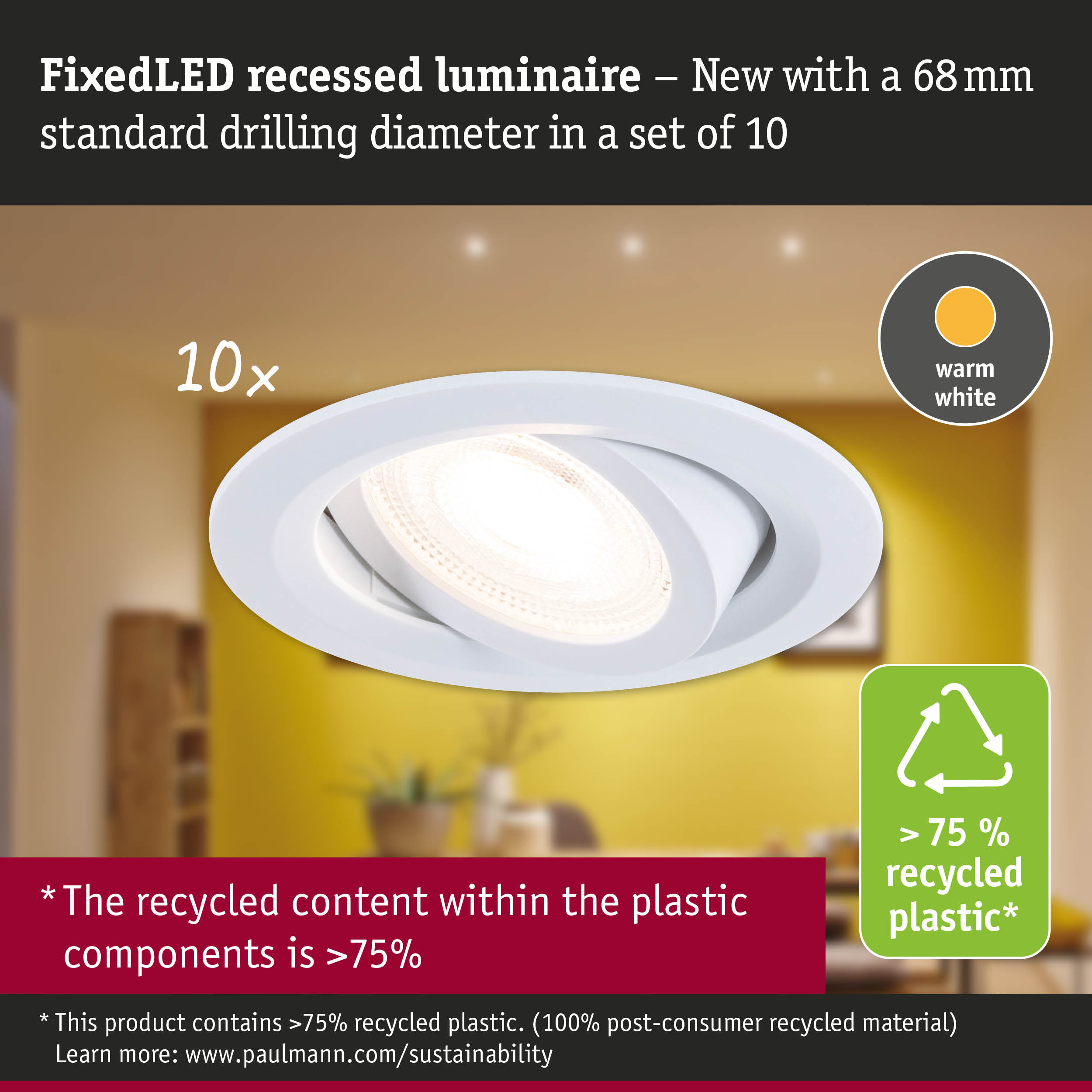 Biała lampa LED wpuszczana z ciepłym białym światłem i 75% plastiku z recyklingu.