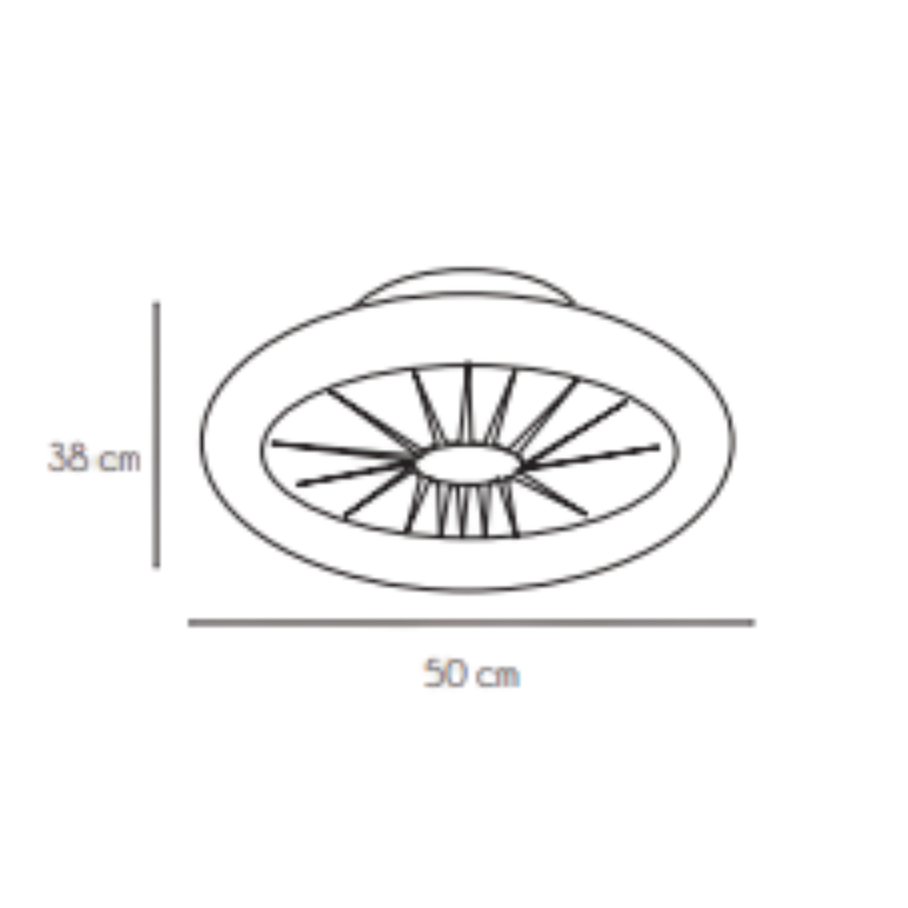 Un dibujo esquemático de una lámpara de techo con dimensiones de 38 cm y 50 cm.