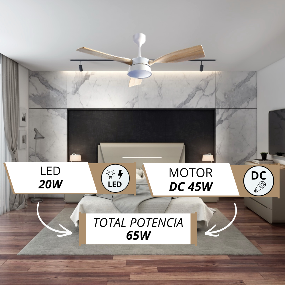 Ventilador de techo con aspas de madera sobre cama, LED 20W, motor DC 45W.