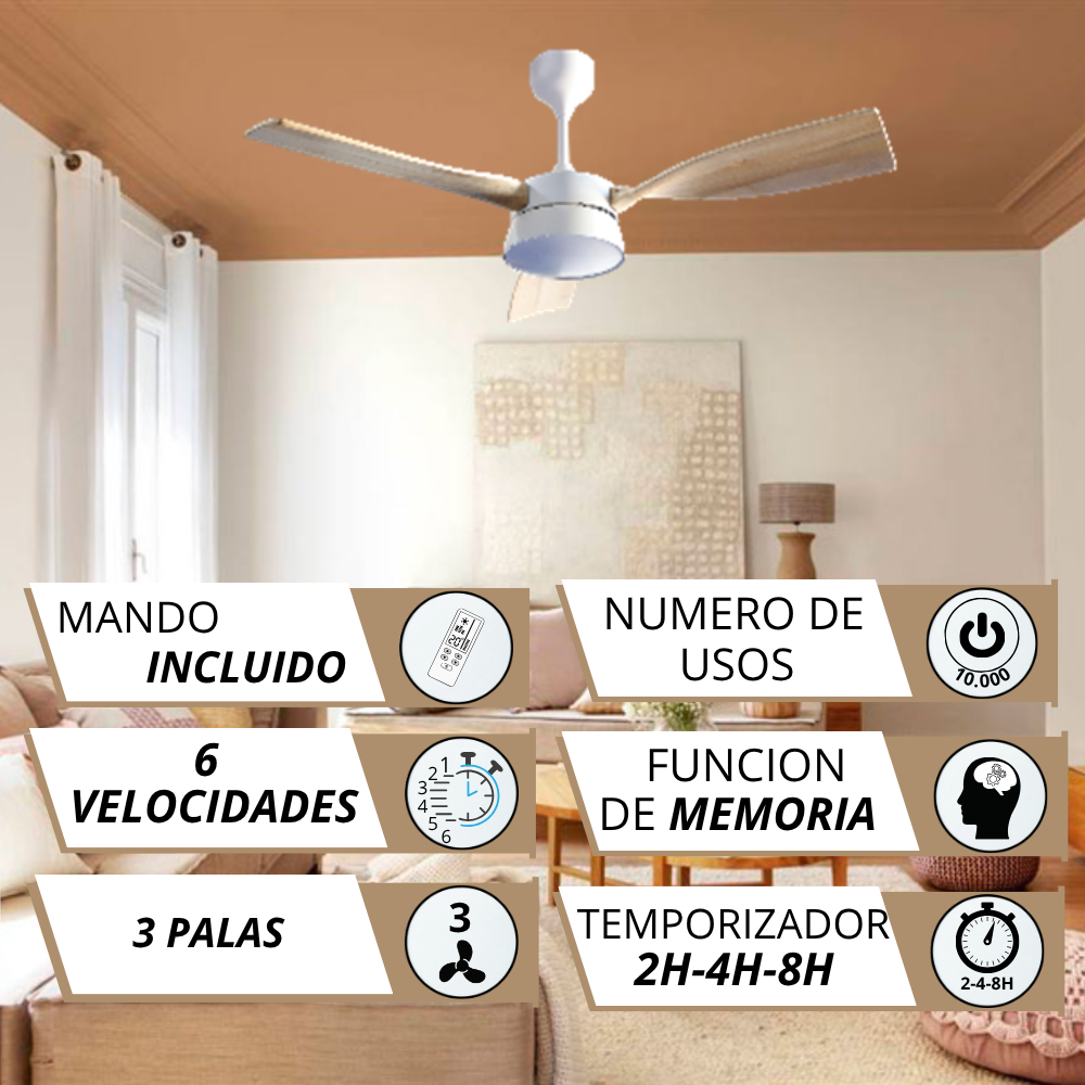 Ventilador techo con mando, 6 vel., 3 palas, memoria, 10.000 h.