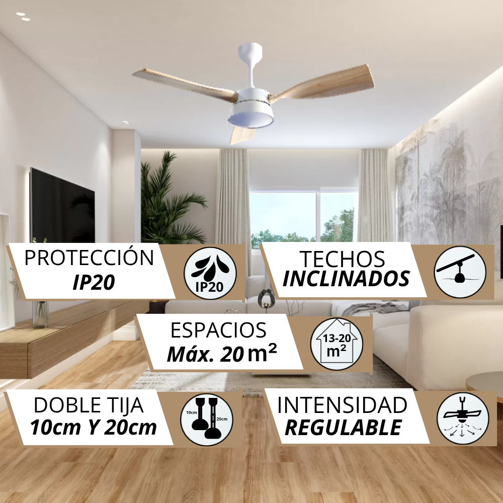 Ventilador de techo con protección IP20, para techos inclinados, 20m².