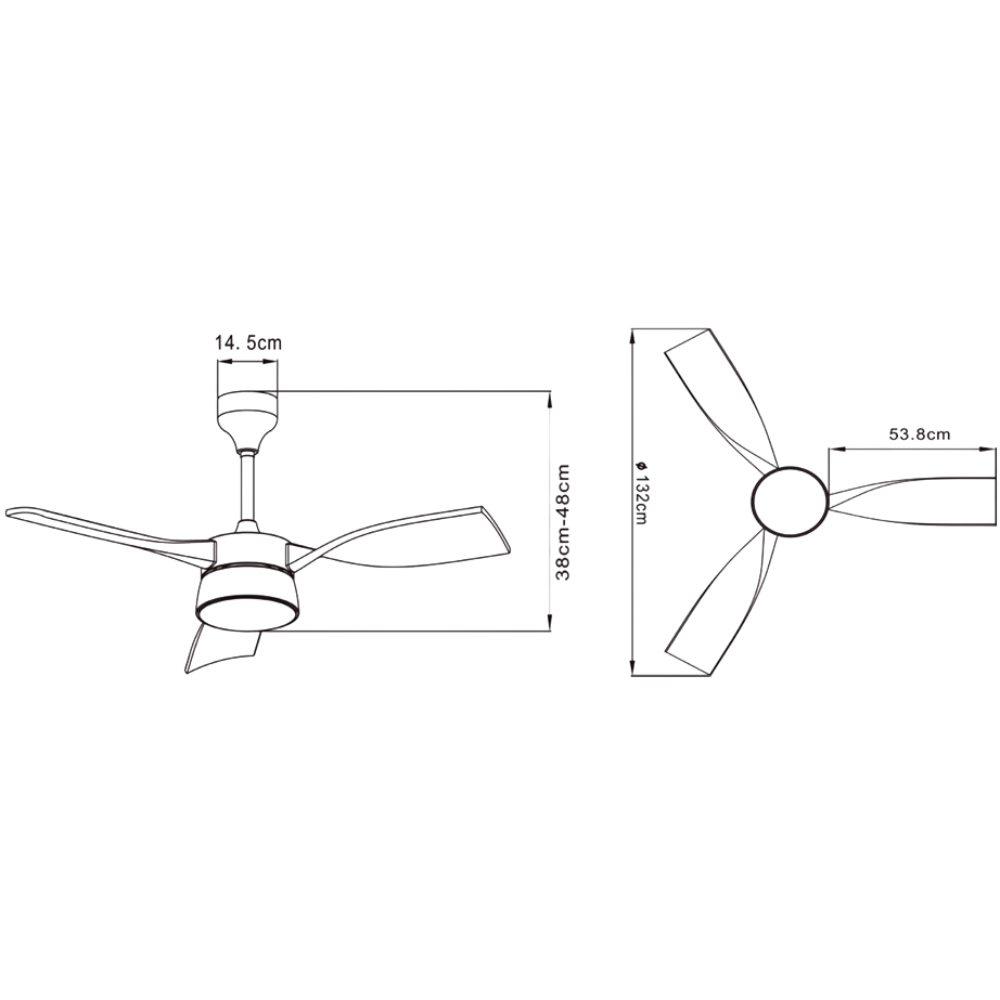 Dibujo técnico de un ventilador de techo con dimensiones.
