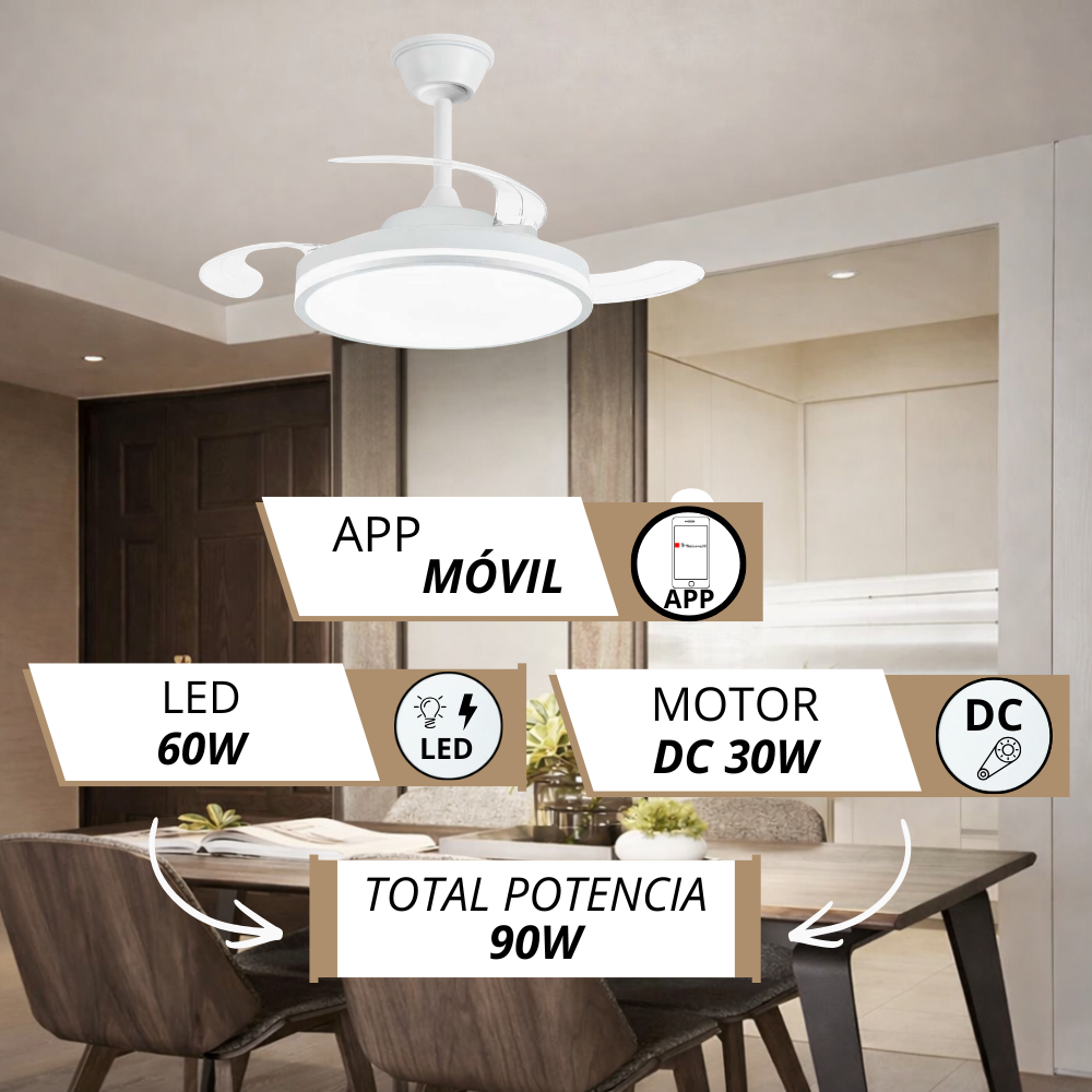 Ventilador de techo blanco con luz LED, control por app, LED 60W, motor DC 30W, 90W total.
