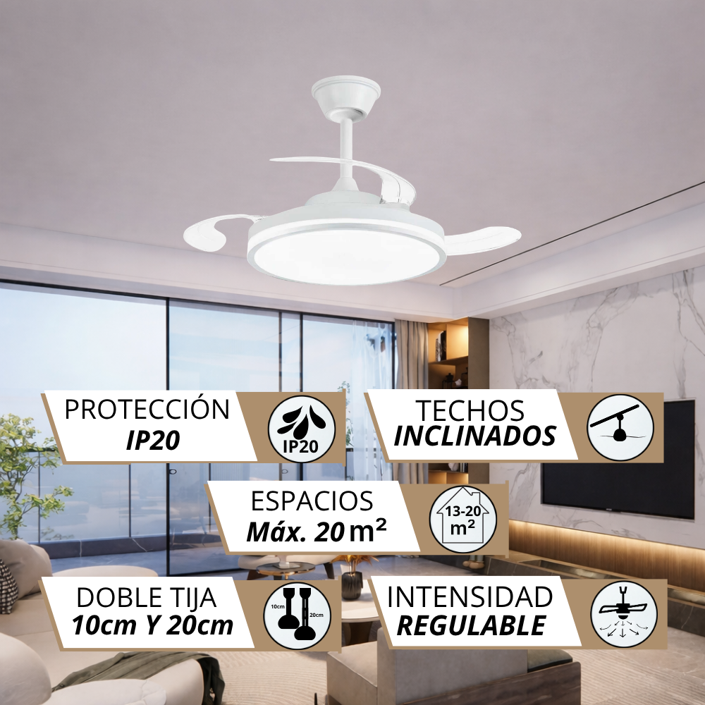 Moderno ventilador de techo blanco con luz LED, protección IP20, para 20m².