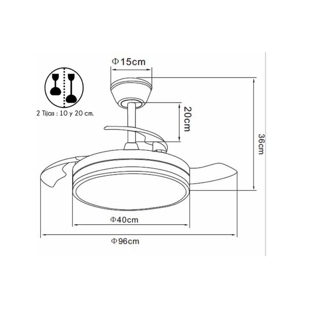 Dibujo técnico de un ventilador de techo con medidas: 15cm, 20cm, 36cm, 40cm, 96cm.