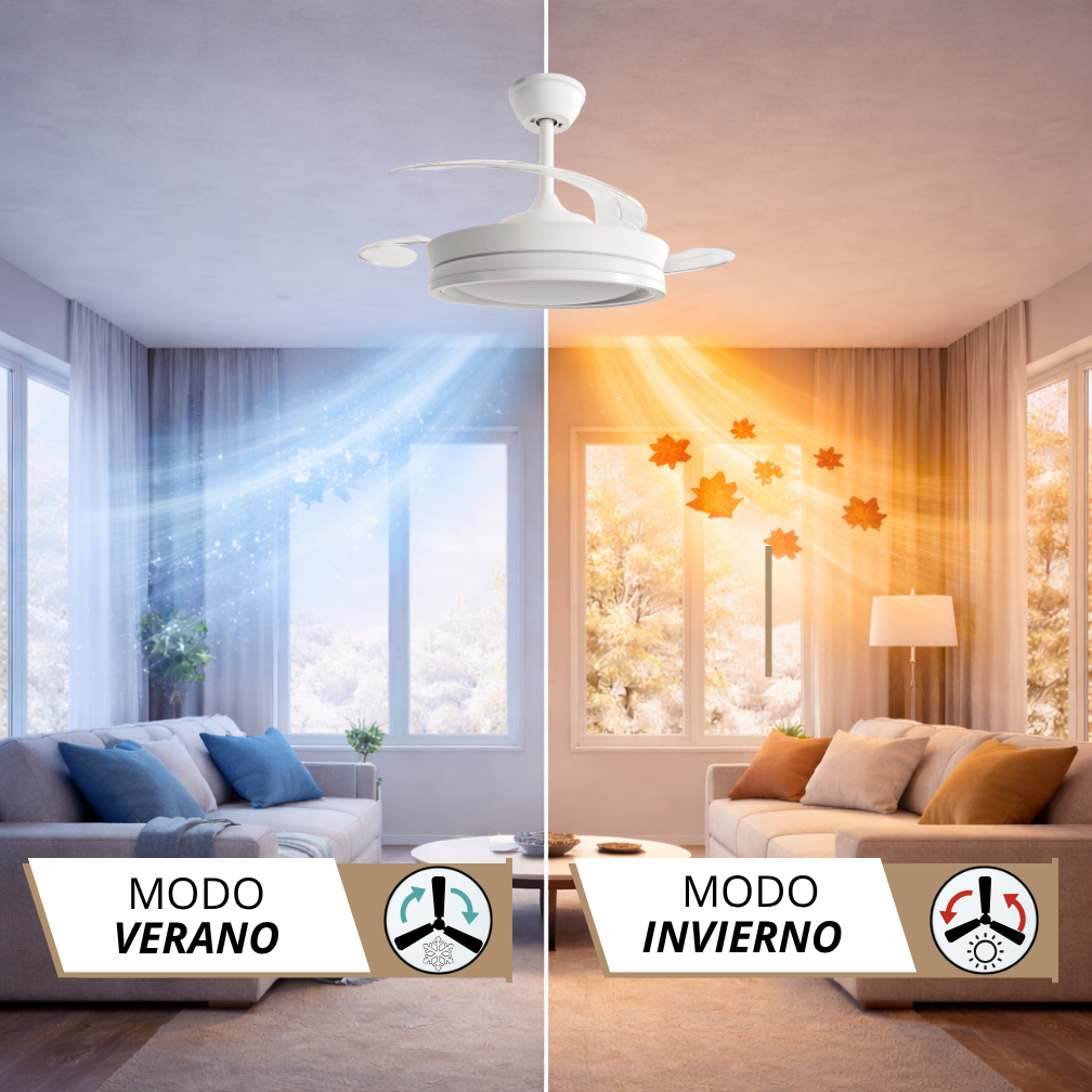 Ventilador de techo para modos verano e invierno, mostrando aire frío y cálido.