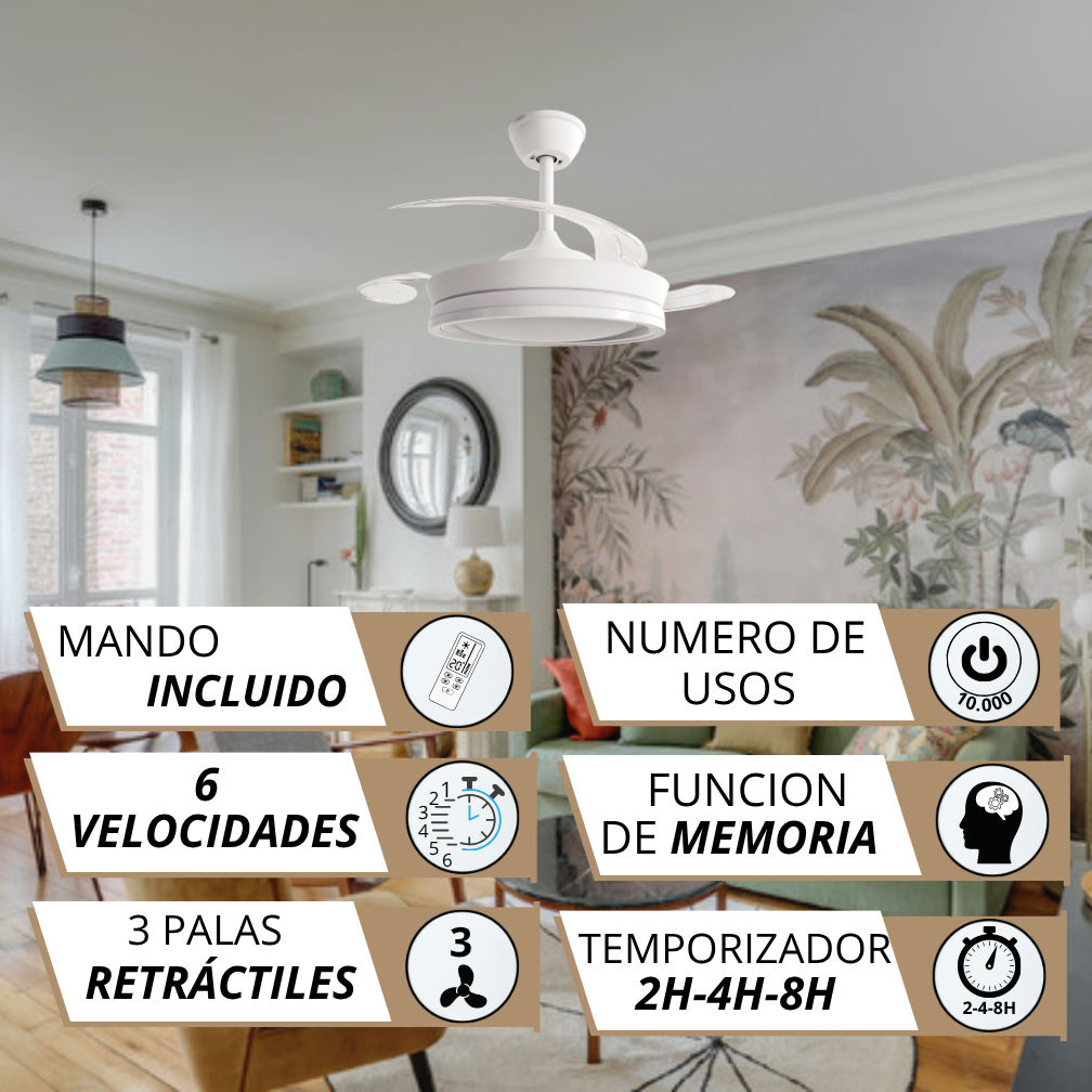 Ventilador de techo con mando, 6 velocidades, 3 palas retráctiles, función memoria.