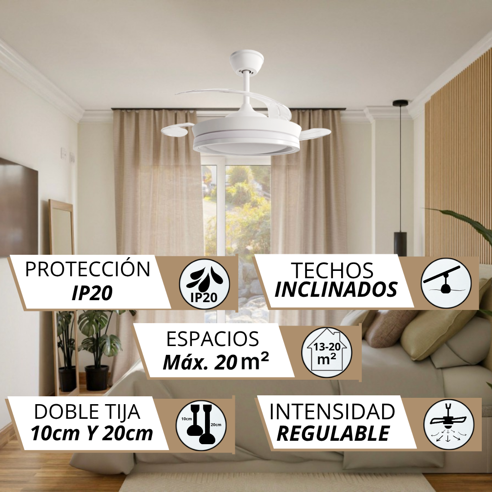 Ventilador de techo blanco con luz sobre una cama, con cuadros de texto IP20, techos inclinados, 20m².