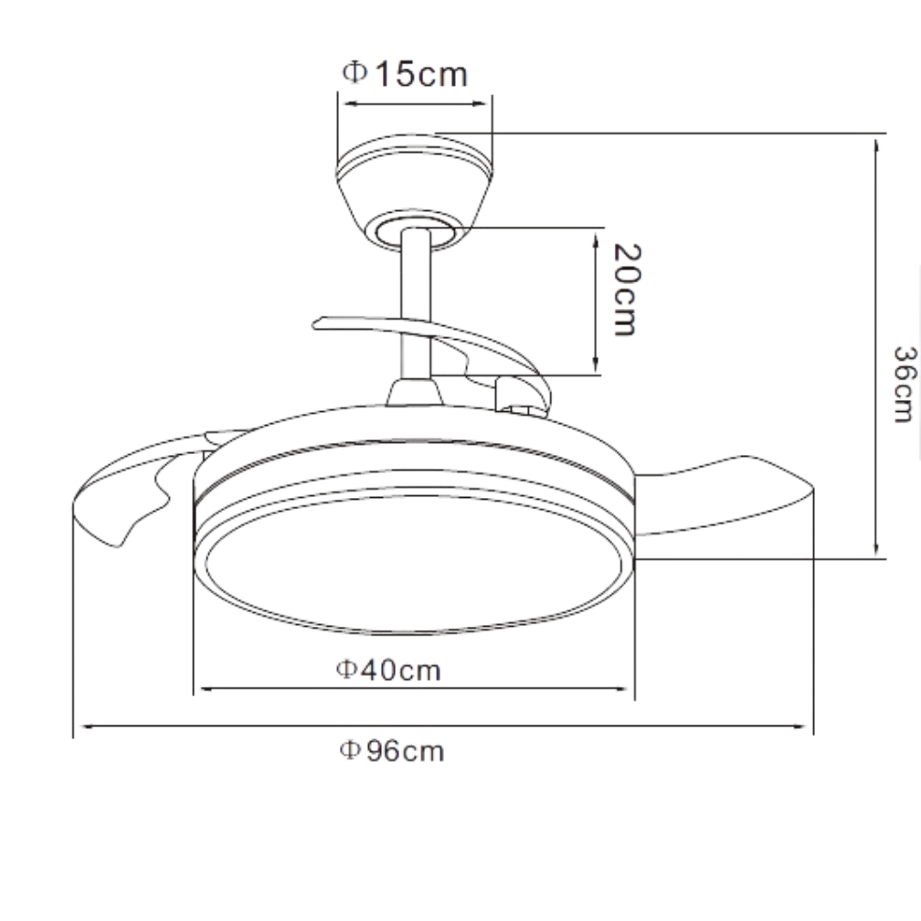 Dibujo técnico de un ventilador de techo con dimensiones: 15cm, 20cm, 36cm, 40cm, 96cm.
