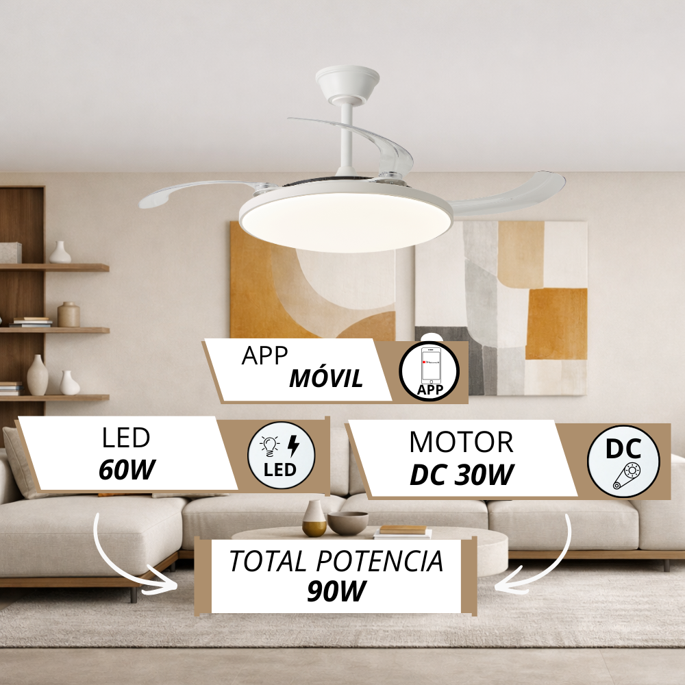 Ventilador de techo blanco moderno con luz LED, control por APP, LED de 60W, motor DC de 30W.