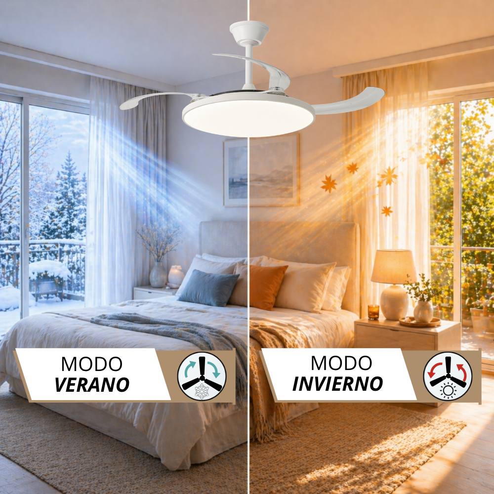 Un ventilador de techo con luz sobre una cama que muestra dos estaciones.