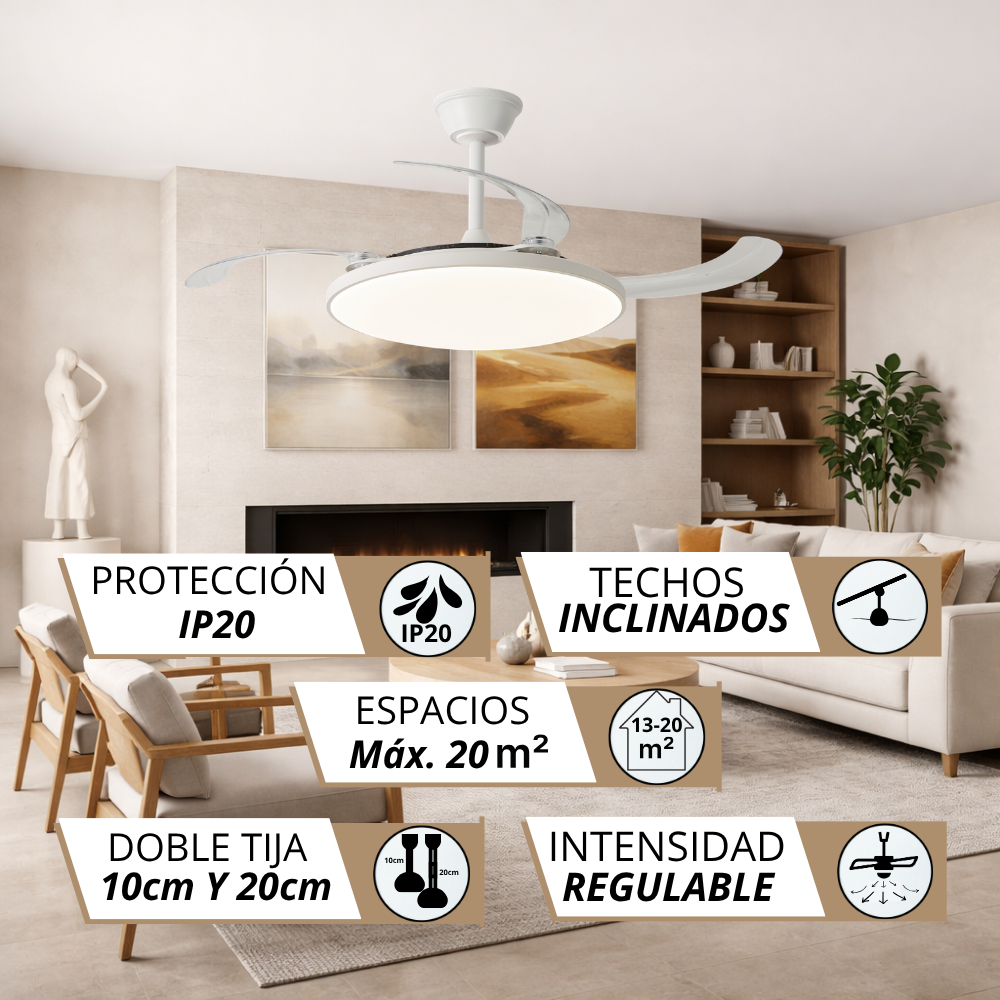 Un ventilador de techo blanco con luz sobre una chimenea de sala. Características: IP20, techos inclinados, 20 m².