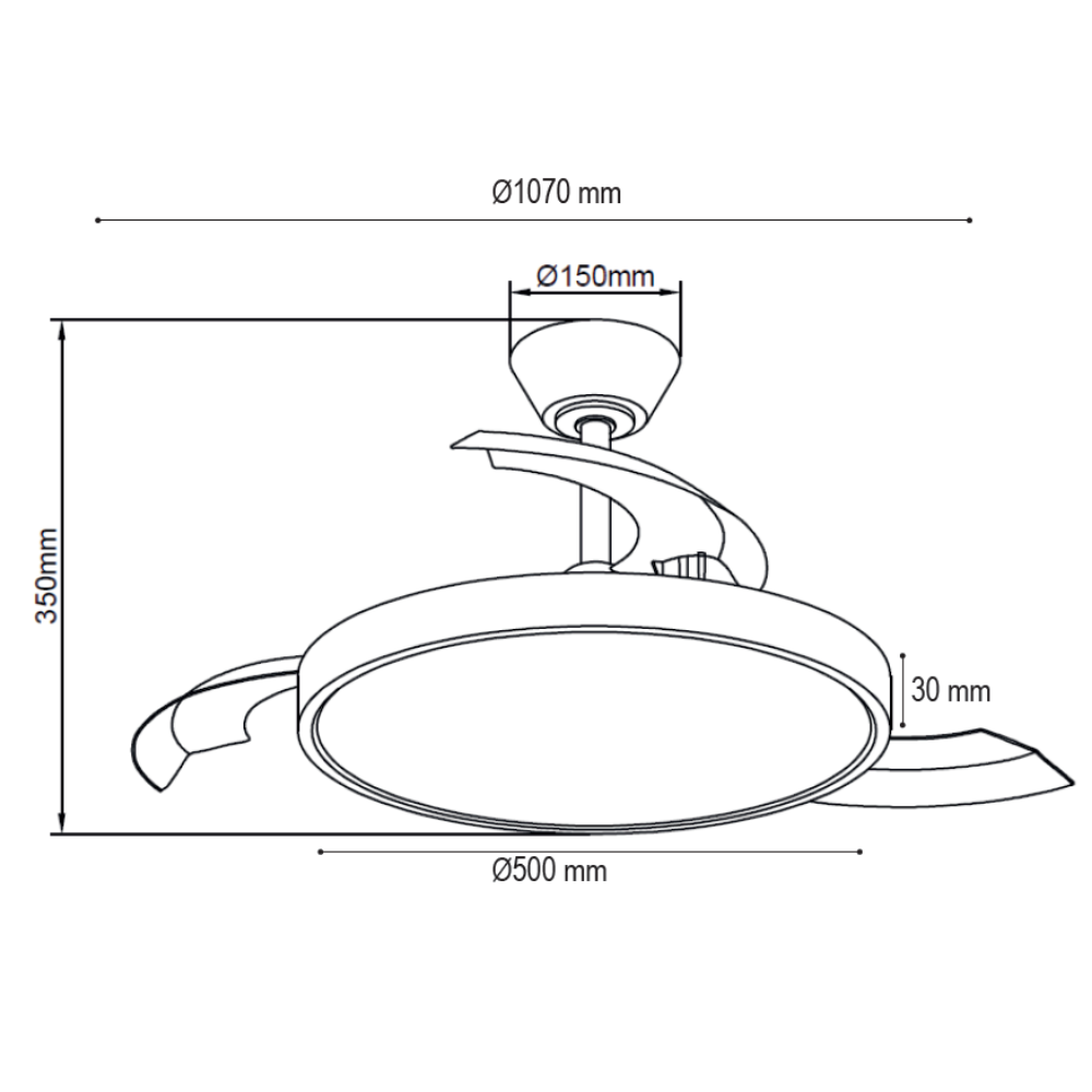 Dibujo técnico de un ventilador de techo con dimensiones: Ø1070 mm total, Ø150 mm dosel, 350 mm altura, Ø500 mm ventilador.