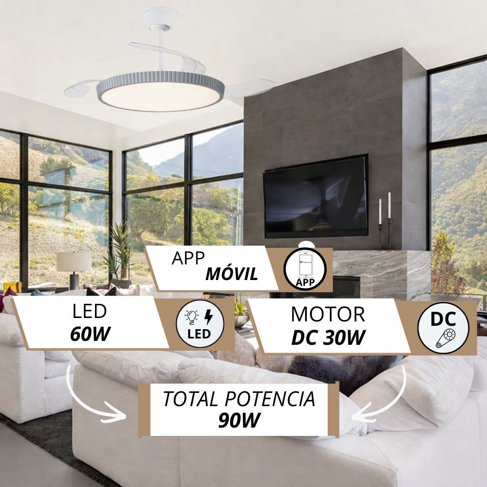 Ventilador de techo con luz, 60W LED, motor DC 30W, control app.