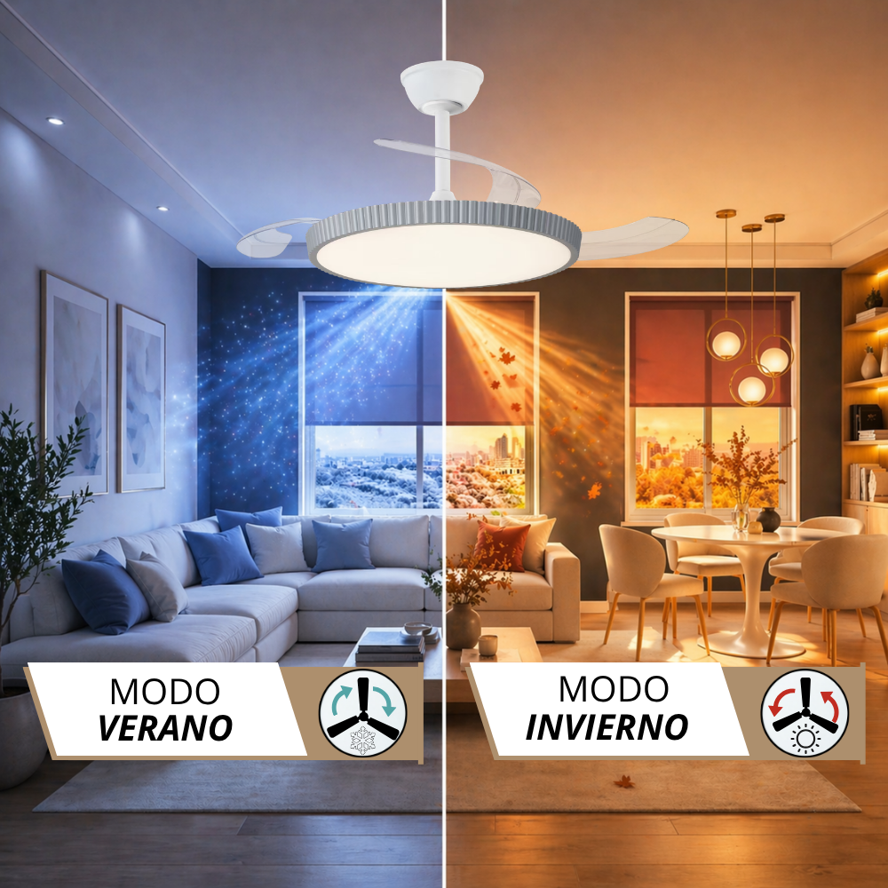 Ventilador de techo con luz sobre sala y comedor, mostrando modos verano/invierno.