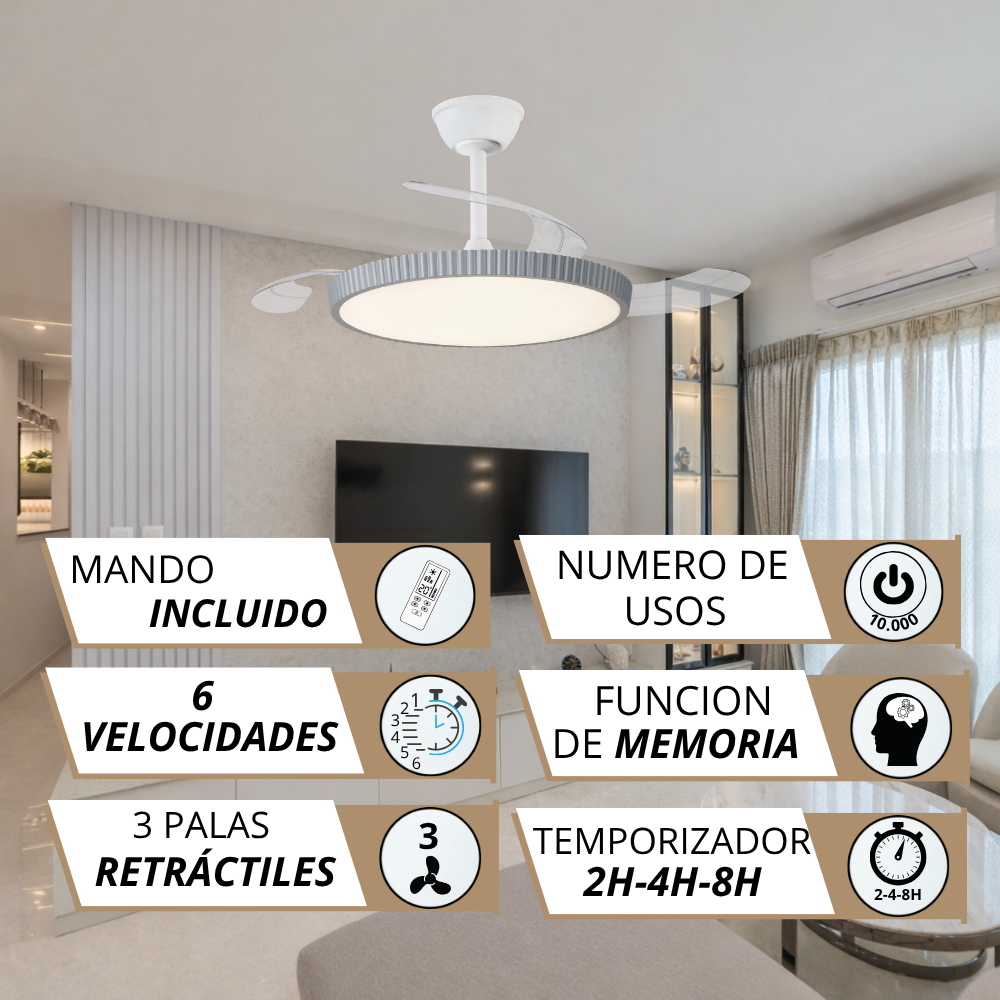 Ventilador de techo moderno con luz, mando, 6 velocidades, 3 palas retráctiles.