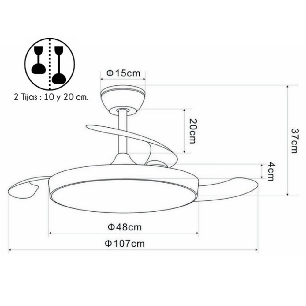 Dibujo técnico de un ventilador con medidas: 15cm, 20cm, 37cm, 4cm, 48cm, 107cm.