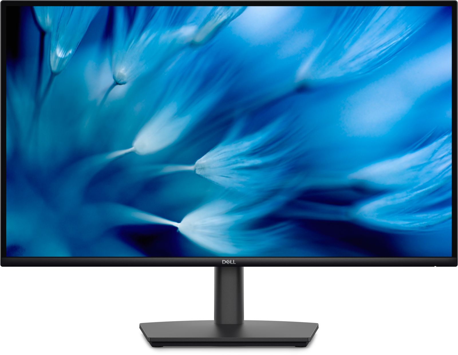 Czarny monitor Dell wyświetla zbliżenie abstrakcyjnego obrazu niebieskich nasion dmuchawca.