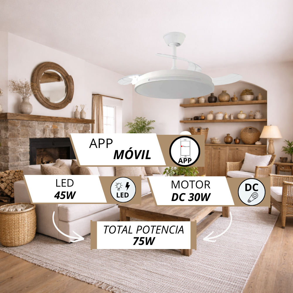Un ventilador de techo blanco con luz en una sala de estar elegante.
