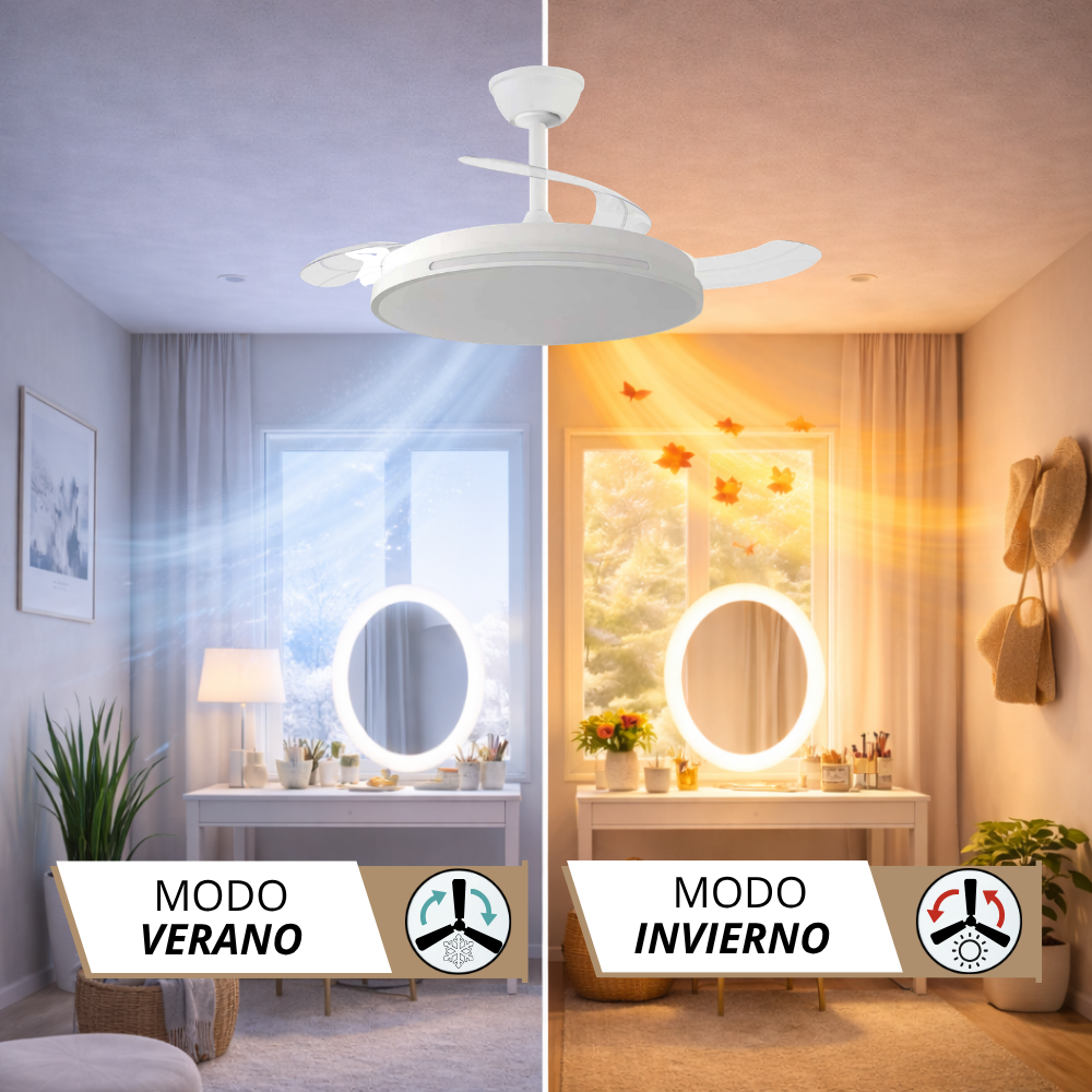 Ventilador de techo en modos verano e invierno, mostrando flujo de aire y hojas.