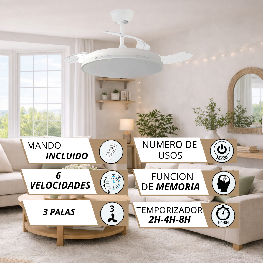 Un ventilador de techo blanco con luz LED y mando a distancia en una sala.