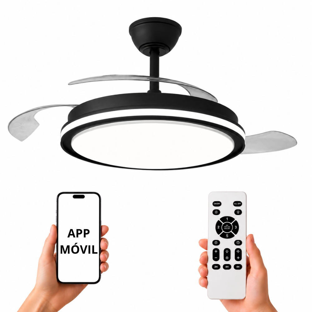 Ventilador de techo negro con aspas retráctiles y luz LED. Se muestran smartphone y control remoto.