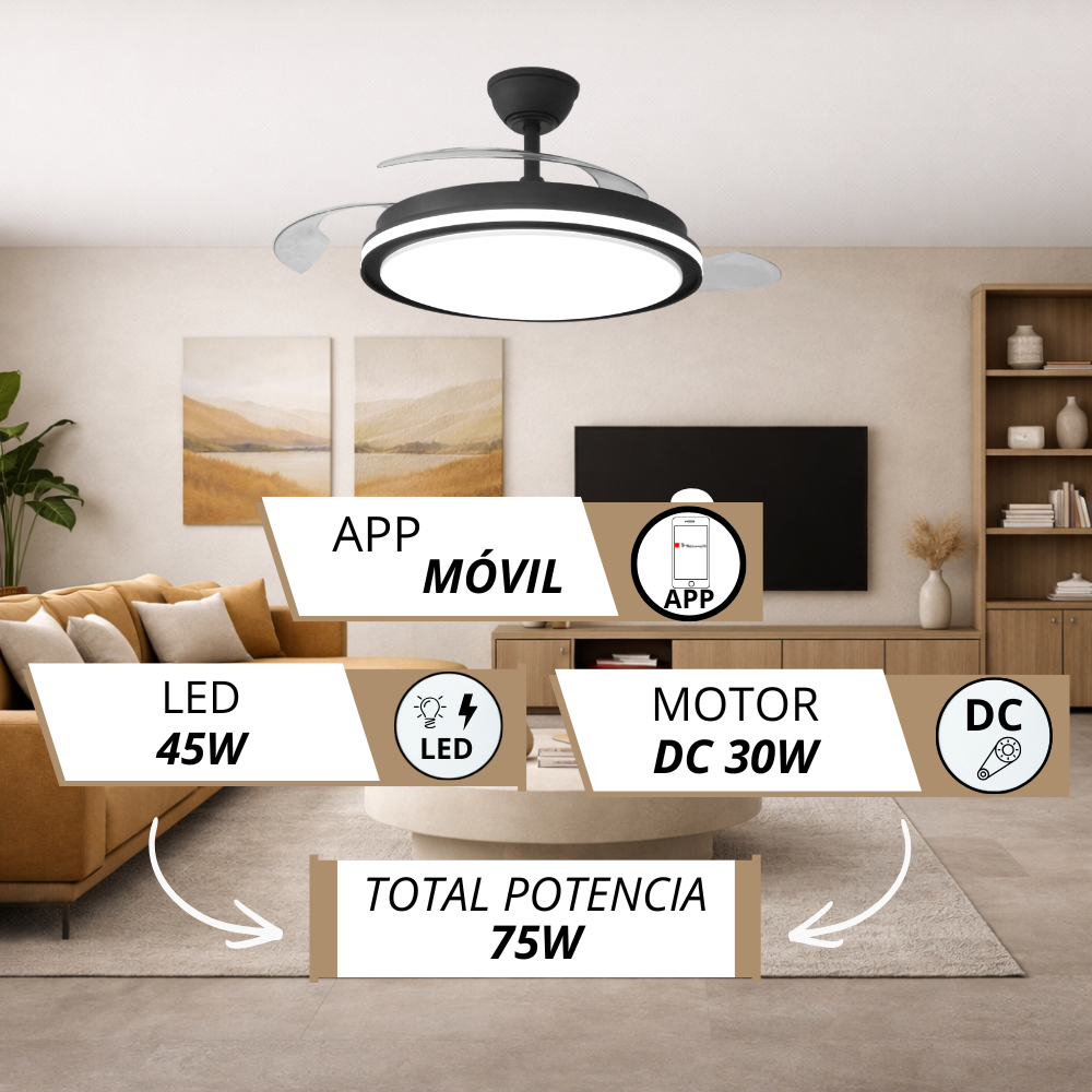 Ventilador de techo negro con luz LED, 45W LED, motor DC 30W.