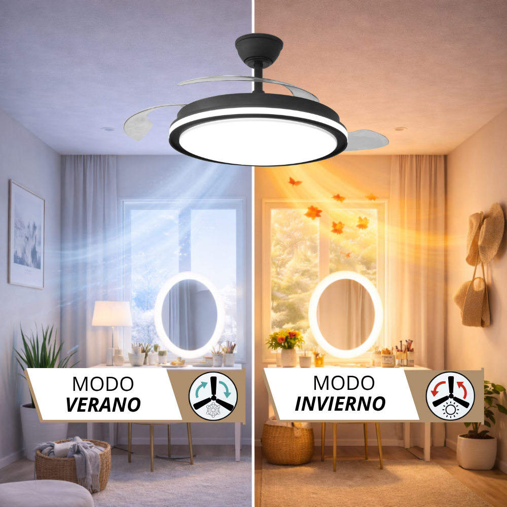 Ventilador de techo con luz en modo verano e invierno, mostrando flujo de aire.