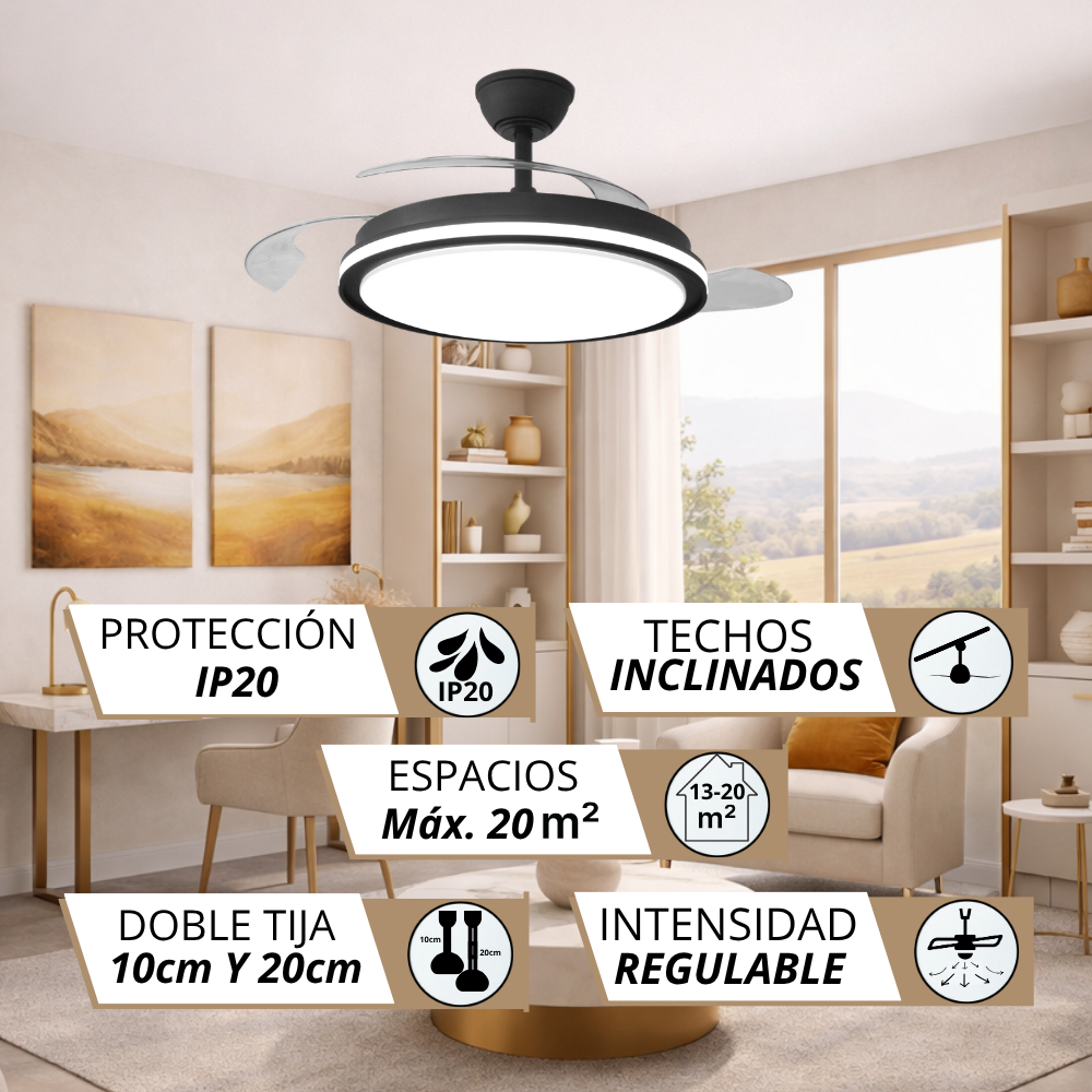Ventilador de techo negro con luz, apto para estancias de hasta 20 m².