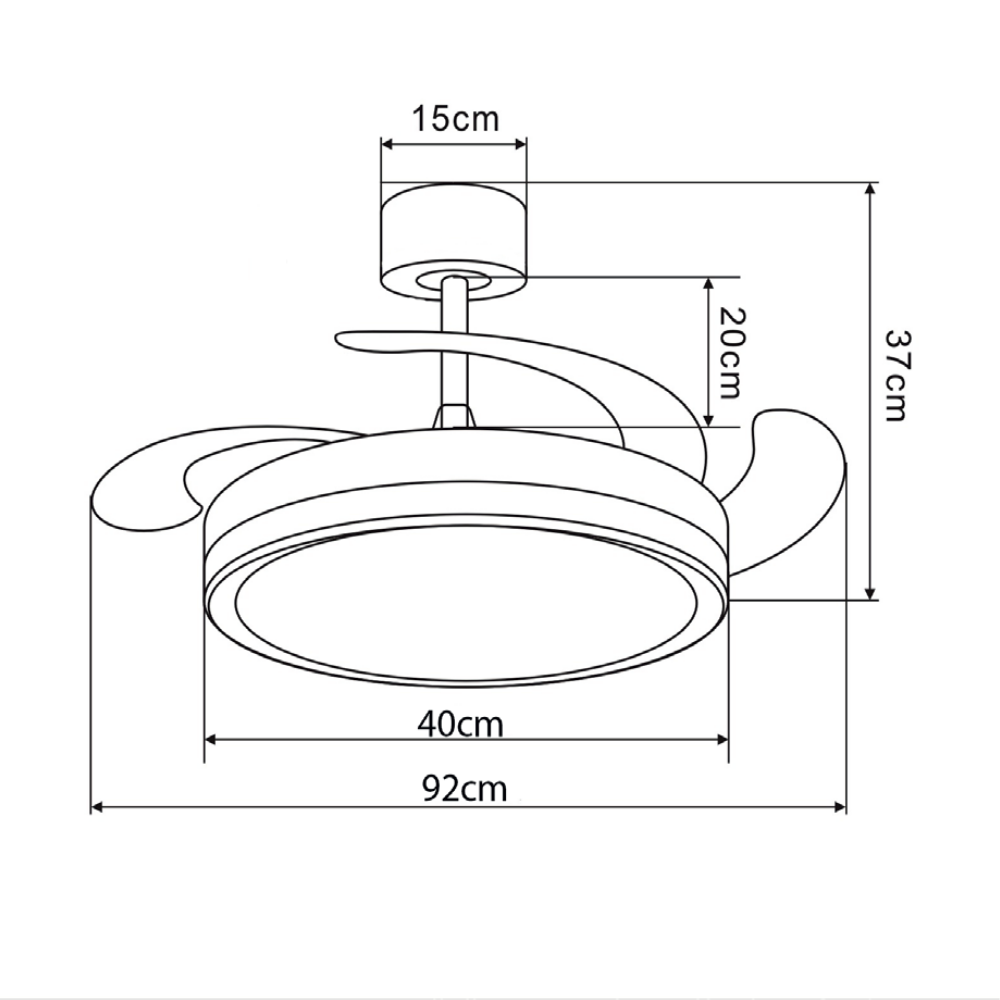 Dibujo técnico de un ventilador con dimensiones: 15cm, 20cm, 37cm, 40cm, 92cm.
