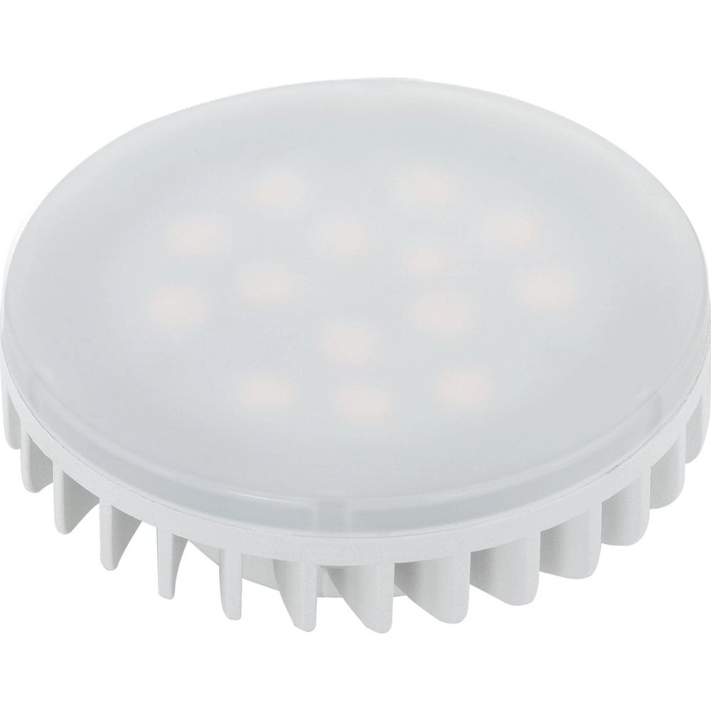 Weiße LED-Leuchte mit rundem Diffusor und Kühlrippen.