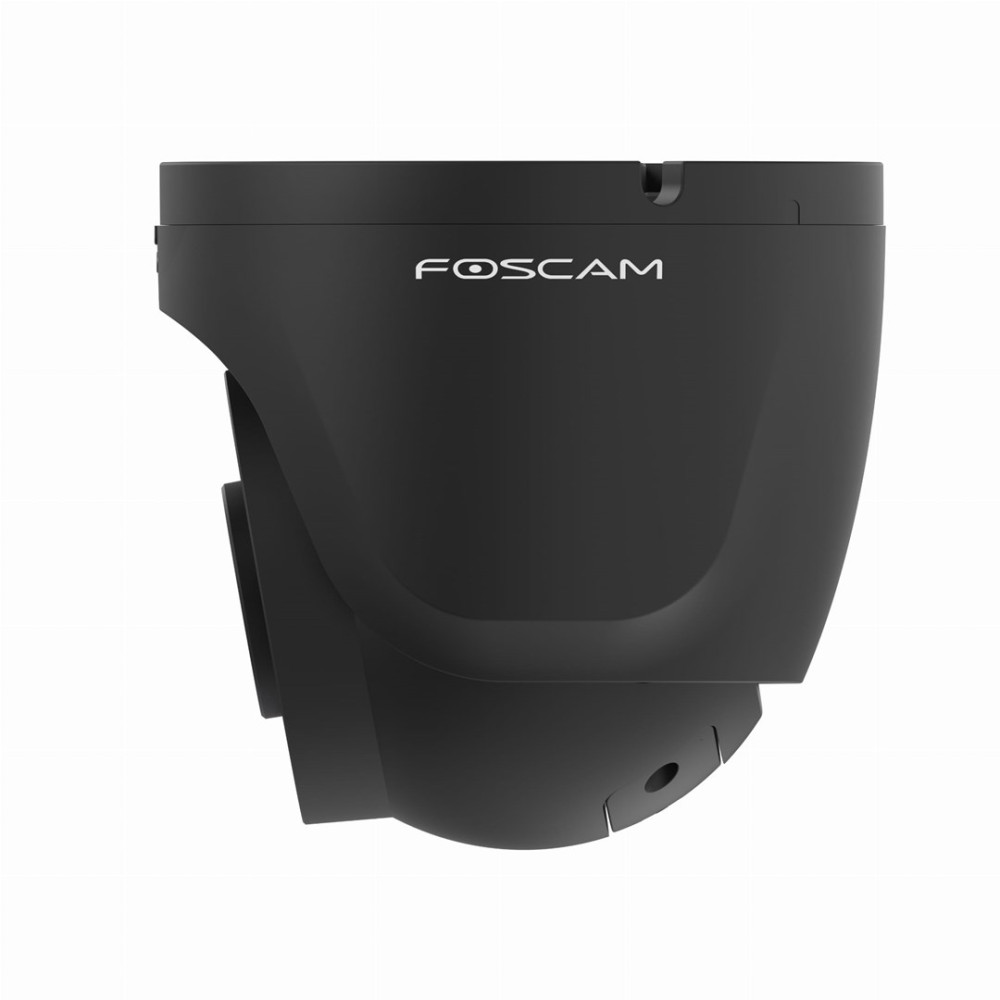 Czarna kamera bezpieczeństwa Foscam widziana z profilu na białym tle.