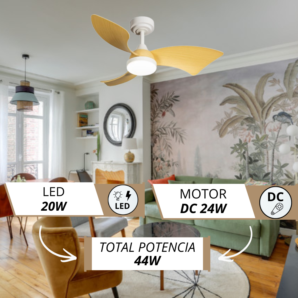 Ventilador de techo con luz LED en sala, 20W LED, motor DC 24W.