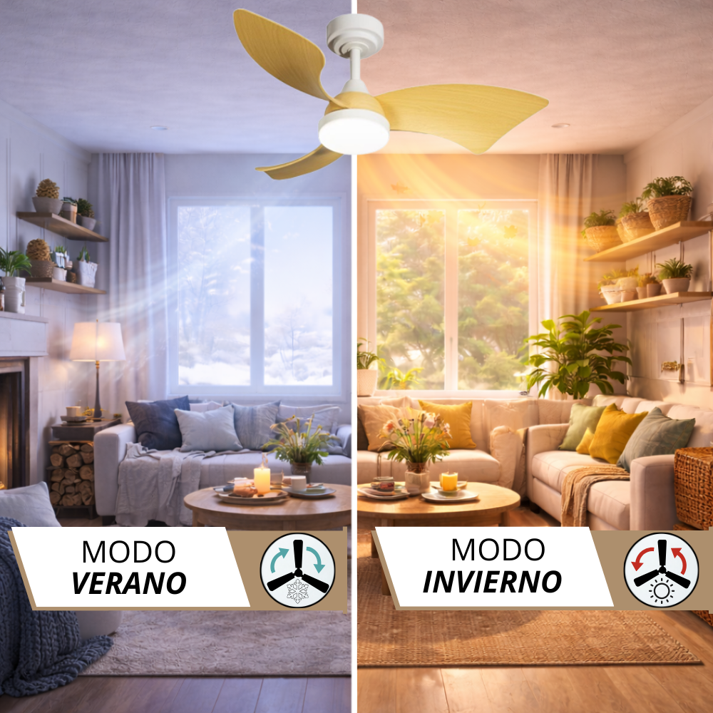 Ventilador de techo sobre una sala de estar en modos de verano e invierno.