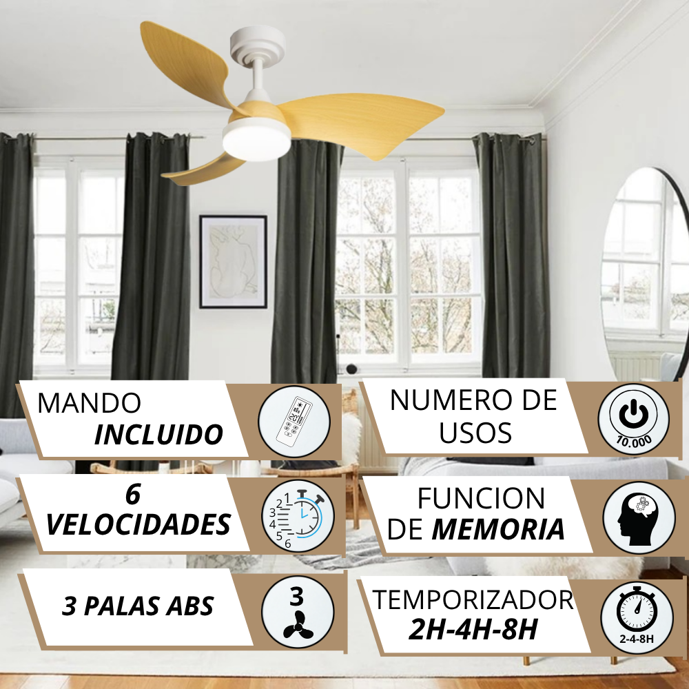 Ventilador de techo con aspas de madera, mando, 6 velocidades, temporizador.