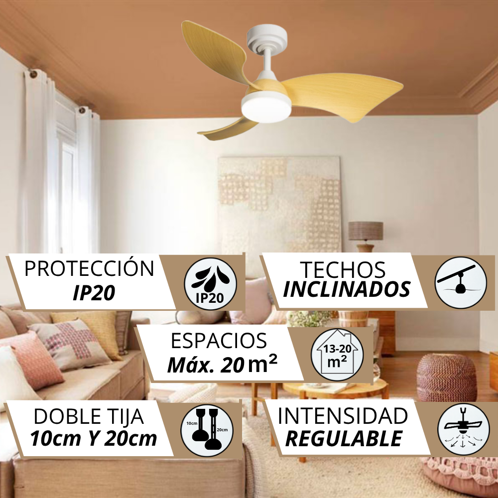 Ventilador de techo con aspas de madera, IP20, para techos inclinados, 20 m².