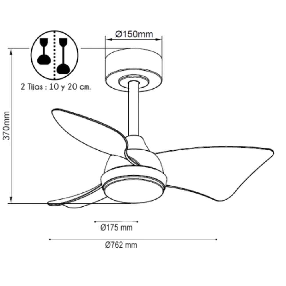 Dibujo técnico de un ventilador de techo con dimensiones.