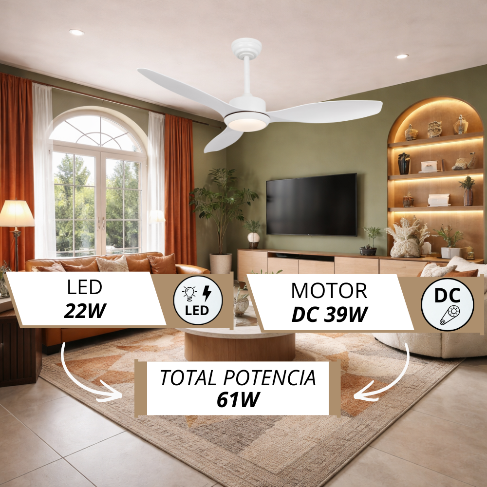 Un ventilador de techo blanco con iluminacin LED en una sala.