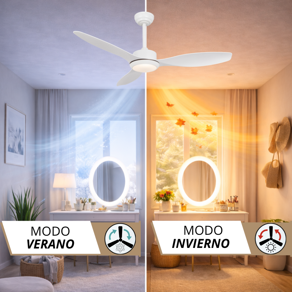 Ventilador de techo en modo verano e invierno, mostrando flujo de aire.