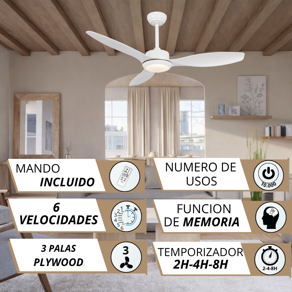 Ventilador de techo blanco con mando, 6 velocidades, 3 palas.