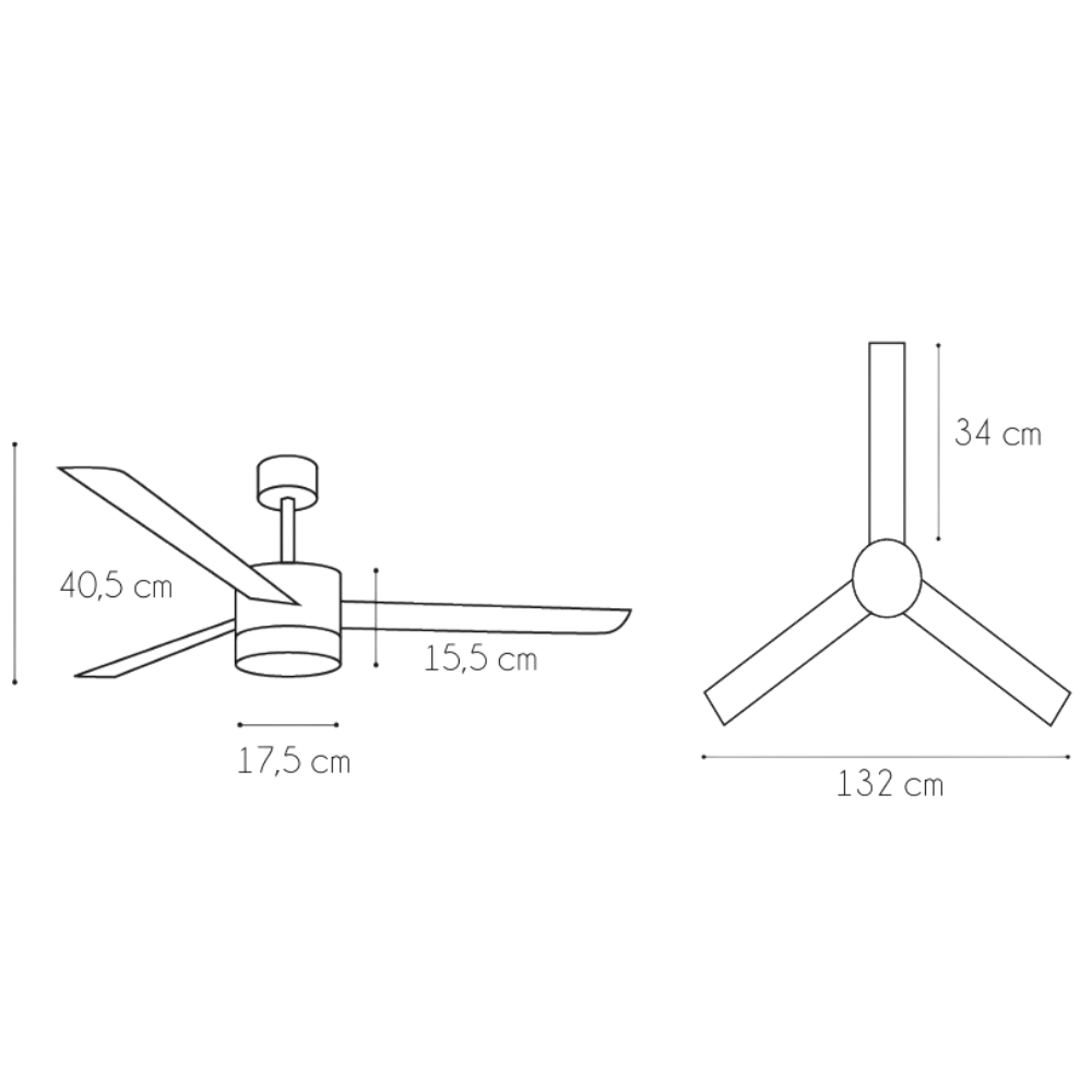 Dibujo técnico de un ventilador de techo con dimensiones: 40,5 cm de alto, 15,5 cm de ancho.