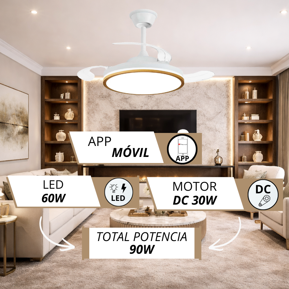 Ventilador de techo moderno con luz LED, controlado por app. LED 60W, motor DC 30W.