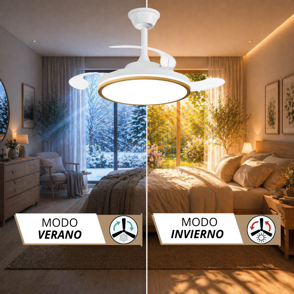 Un ventilador de techo con luz sobre una cama, dividido en vistas de verano e invierno.