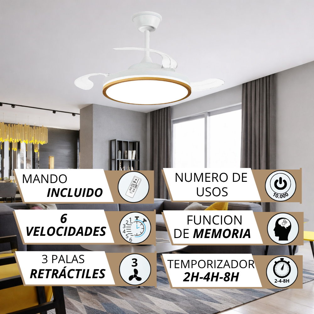 Un ventilador de techo blanco con aspas retráctiles y luz, sobre un sofá.