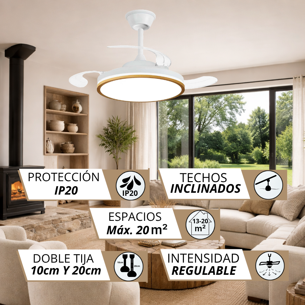 Ventilador de techo blanco moderno con luz LED en una sala de estar.