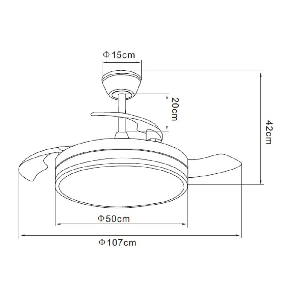 Dibujo técnico de un ventilador de techo con dimensiones: 15cm, 20cm, 42cm, 50cm, 107cm.