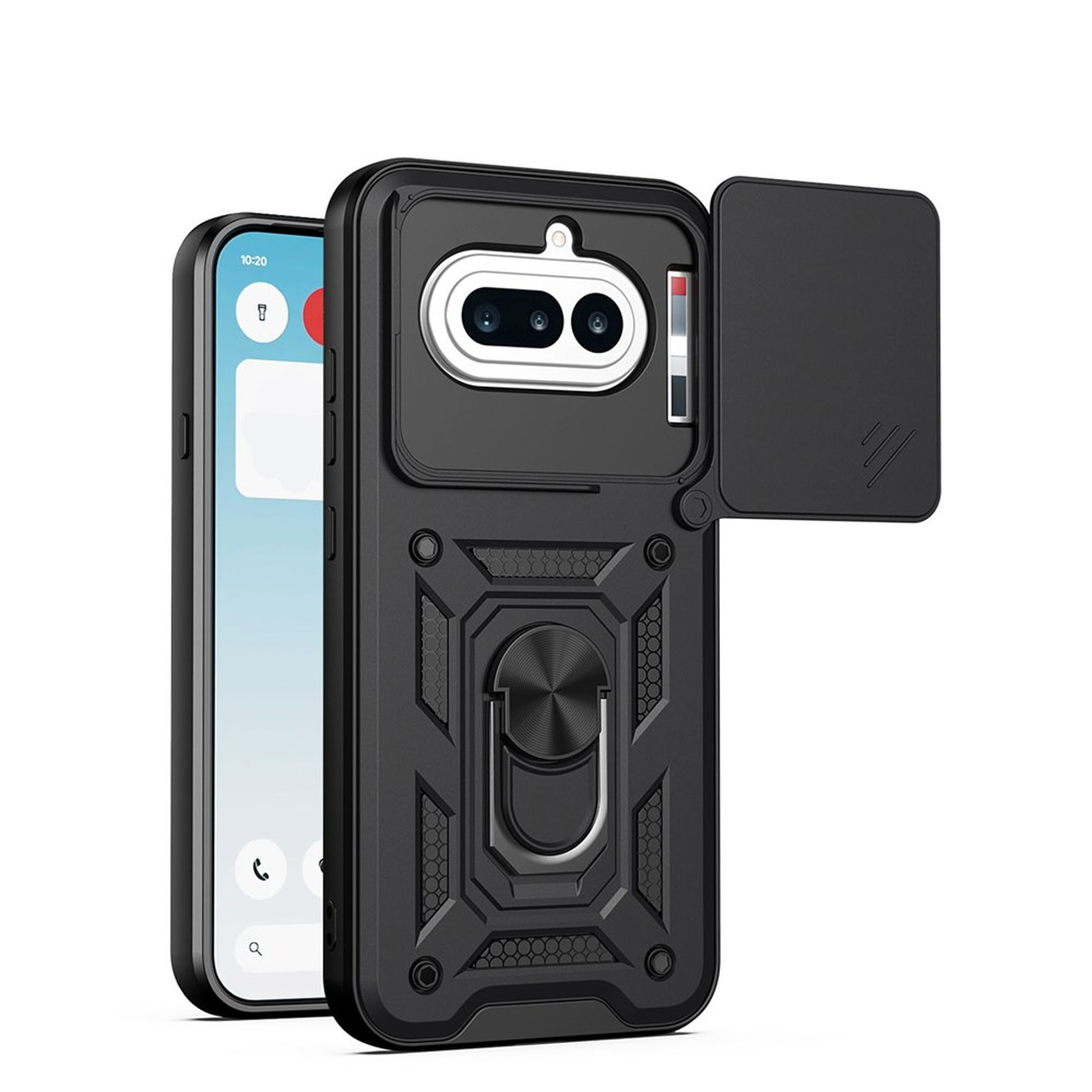 Coque de téléphone noire avec support bague et cache coulissant pour appareil photo.
