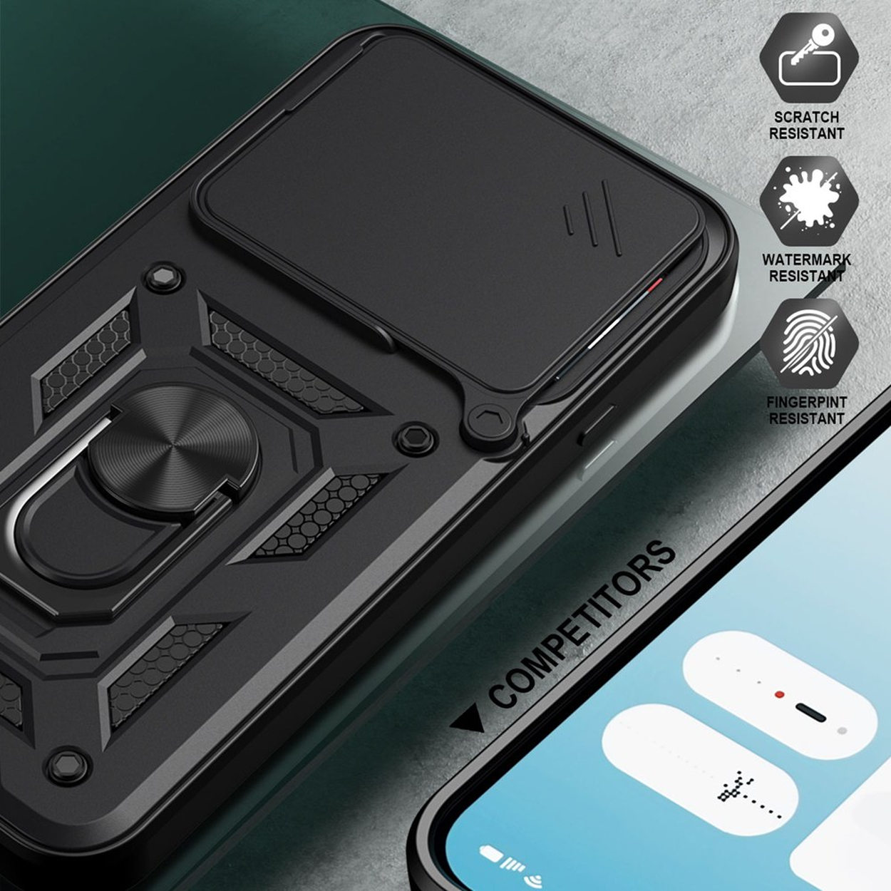 Coque de téléphone noire avec support anneau et icônes résistance rayures, eau, empreintes.