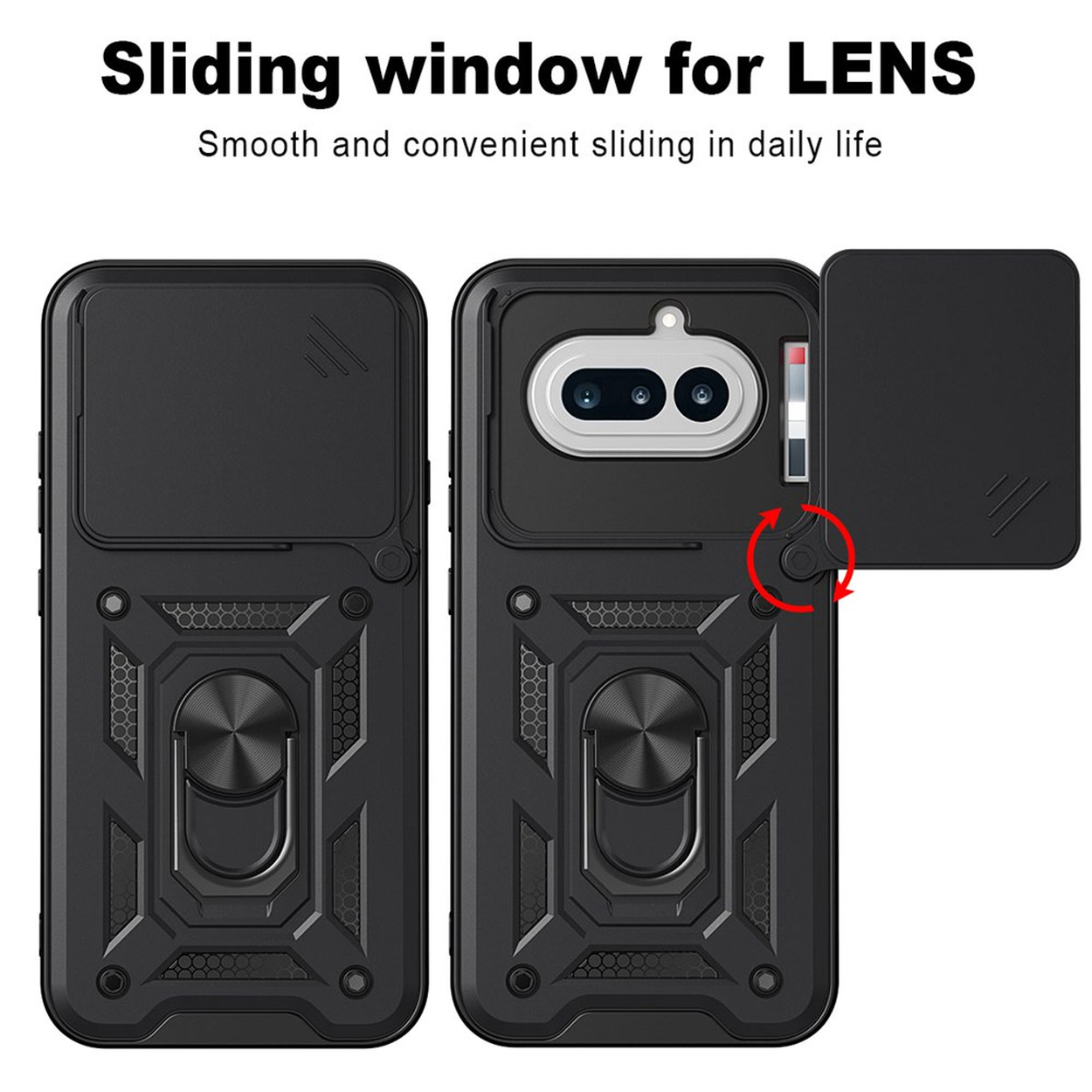 Coque noire pour téléphone avec cache-objectif coulissant et anneau.